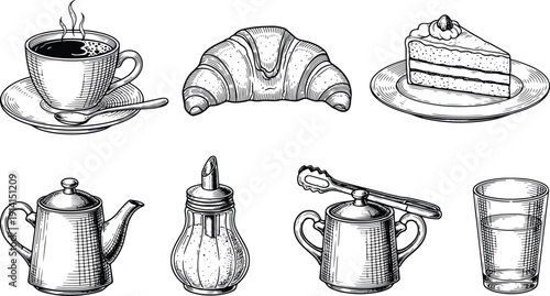Vintage Engraved Coffee, Croissant, Cake and Teaware Illustration Set