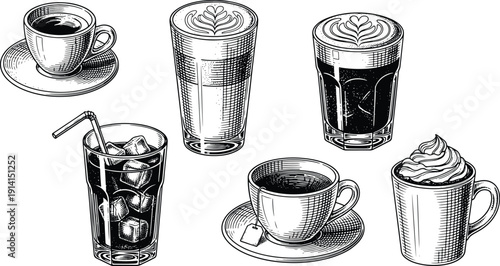 Vintage Engraved Coffee and Beverage Glasses Illustration Collection