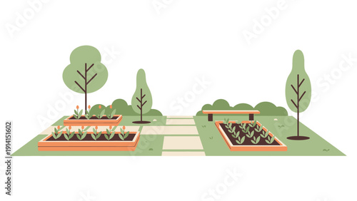 Community garden with raised beds and growing plants.
