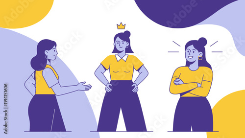 Confident Woman with Crown and Envious Peers.
