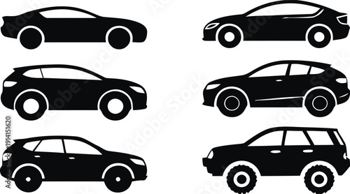 Six black silhouettes of different cars on a white background