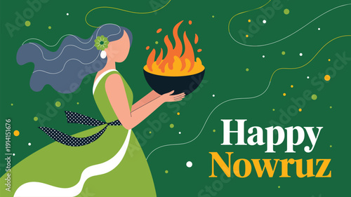 happy nowruz greeting illustration with woman holding traditional fire bowl celebrating persian new year festival