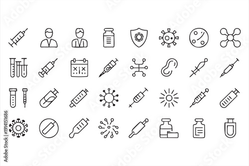 Medical line icons set with vaccine syringe virus and laboratory equipment for healthcare design