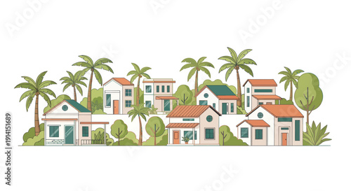 Tropical Village Scene with Palm Trees and Houses