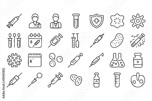 Hospital healthcare line symbols featuring syringe test tube shield and virus