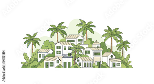 Tropical Village Scene with White Houses and Palm Trees, Hand-drawn Illustration