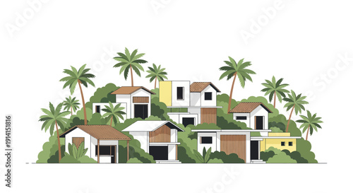 Tropical Resort Village with Modern Houses and Palm Trees Illustration