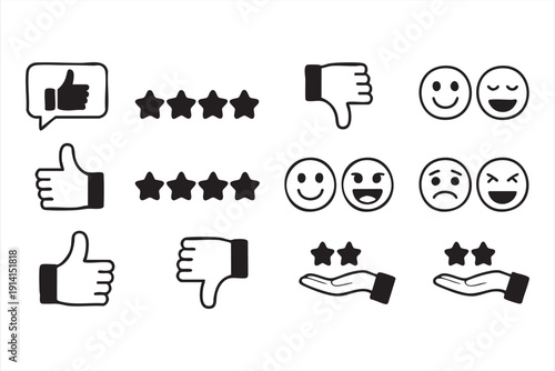 Customer review line icons with star rating like dislike and smile symbols