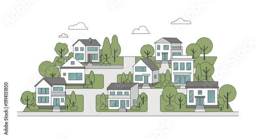 Modern Suburban Neighborhood with Diverse Houses and Greenery Illustration