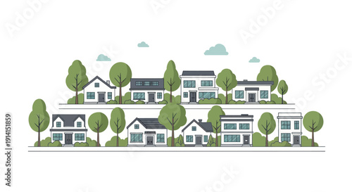 Modern Suburban Houses with Trees and Clouds - Flat Design Illustration