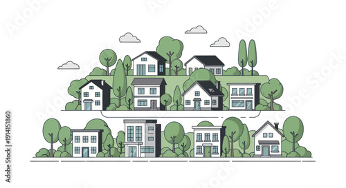 Diverse modern houses and trees in a flat illustration style