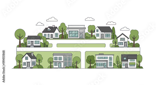 Modern Suburban Neighborhood Landscape with Diverse Houses and Greenery