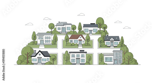 Suburban neighborhood with diverse houses, trees, and green lawns on white background