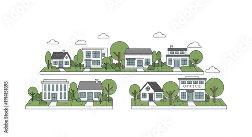 Modern Suburban Neighborhood with Houses and Office Building