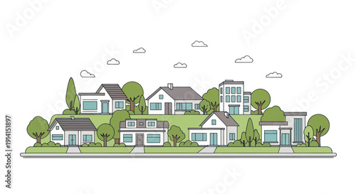 Modern suburban neighborhood with houses and trees, flat design illustration