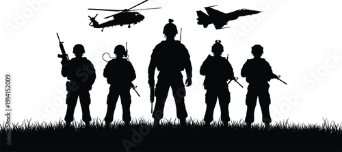 Military soldiers silhouette with helicopter and fighter jet, armed forces team standing isolated on white background vector illustration