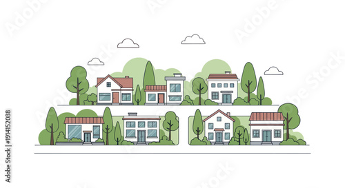 Charming Suburban Street with Houses, Trees, and Clouds - Flat Design