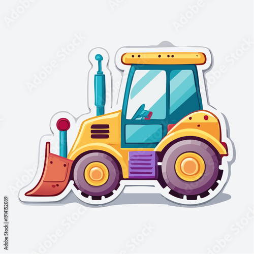 A cartoon bulldozer sticker isolated on a plain background in a construction setting viewed from the front