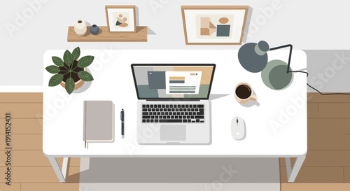 Overhead illustration of a modern and organized home office desk with a laptop, potted plant, and coffee, embodying a productive and focused remote work environment