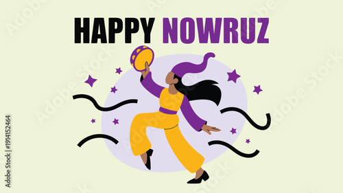 happy nowruz celebration illustration with dancing woman in traditional dress and festive elements on light background