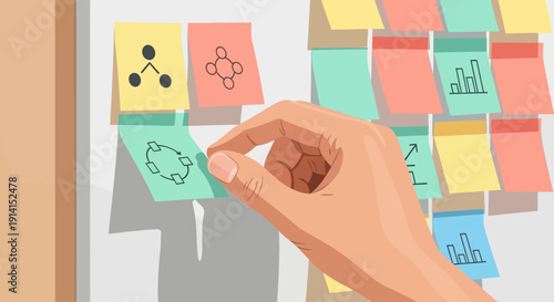 A hand placing a sticky note on a glass board filled with various colorful notes and diagrams in a collaborative workspace