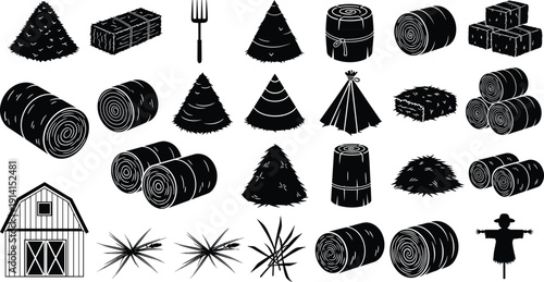 Farming agriculture silhouette illustration set, eight black icons hay bale barn scarecrow pitchfork barrel log pine tree straw bundle design, vector artwork, rural theme, isolated background