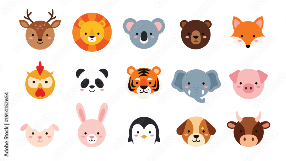 Fototapeta premium An adorable collection of cartoon animal faces, featuring a diverse range including deer, lion, koala, bear, fox, and rabbit.