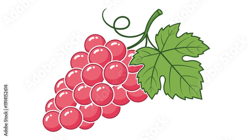 A vibrant bunch of cartoon pink grapes with a lush green leaf and delicate tendril, ready for harvest.