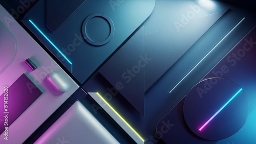 Abstract geometric shapes with neon lights, futuristic design, and vibrant colors.