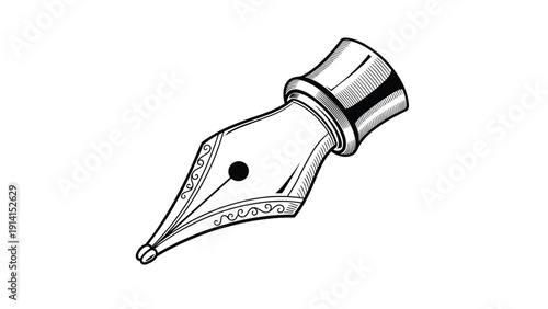 A finely detailed black and white illustration of an antique fountain pen nib, adorned with elegant and ornate scrollwork designs.