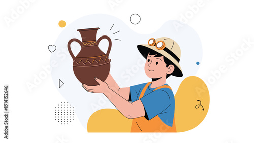 A curious young boy wearing an explorer's hat, proudly holding an ancient decorated vase amidst abstract background shapes.