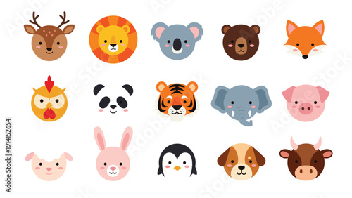 An adorable collection of cartoon animal faces, featuring a diverse range including deer, lion, koala, bear, fox, and rabbit.