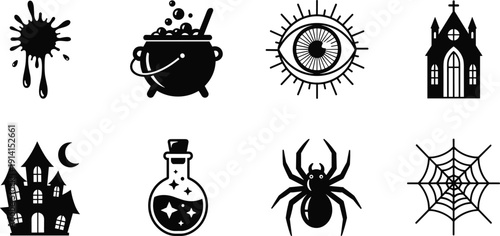 Halloween spooky silhouette illustration set, eight black icons haunted house gothic church spider web cauldron potion eye skull eerie design, vector artwork, holiday theme, isolated background