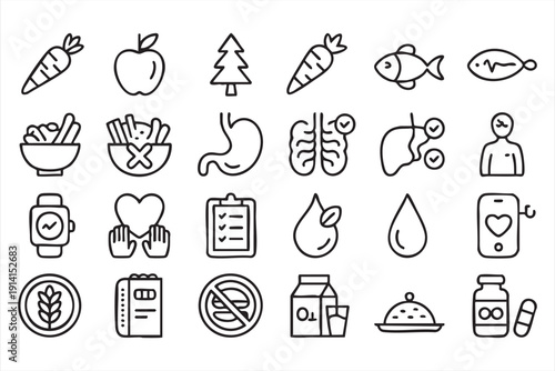Healthy lifestyle line icons with nutrition fitness and medical care