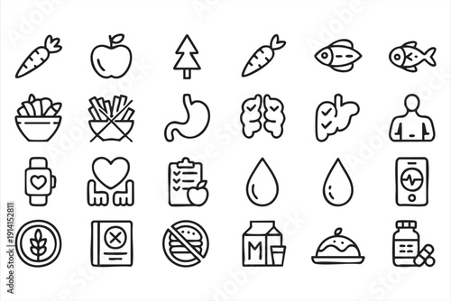 Healthy eating and patient care symbols in line style