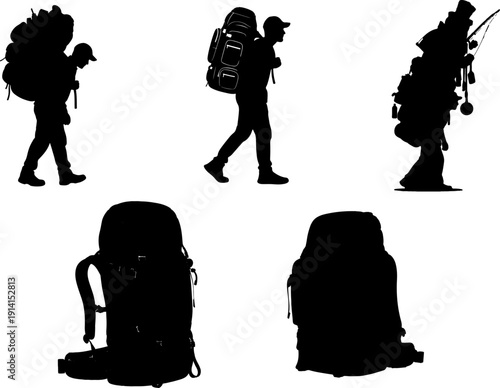 Hiking silhouettes with backpacks and gear