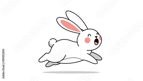 An adorable cartoon white rabbit with charming pink ears and rosy blush, joyfully jumping or running with enthusiasm.