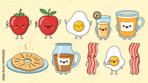 A delightful collection of cartoon breakfast food items, including cheerful strawberries, apples, and fried eggs with adorable faces.