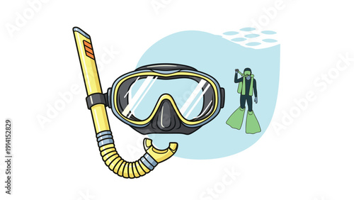 A prominent snorkeling mask and snorkel tube, with a small diver exploring abstract blue waters in the background.