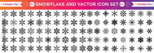 Set of bold black silhouette snowflake icons, thick plump line style, minimalist winter symbols on white background, Vector collection of snowflake silhouettes