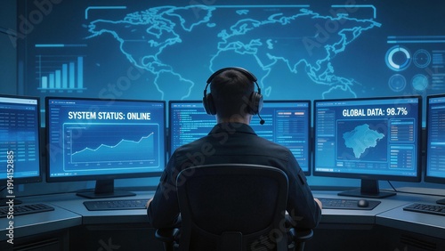 Person working with multiple computer screens