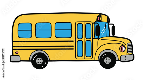 A bright cartoon yellow school bus, featuring vibrant blue windows and sturdy black tires, ready for daily routes.
