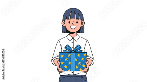 A cheerful young woman with short dark hair, smiling warmly while presenting a beautifully wrapped star-patterned gift box.