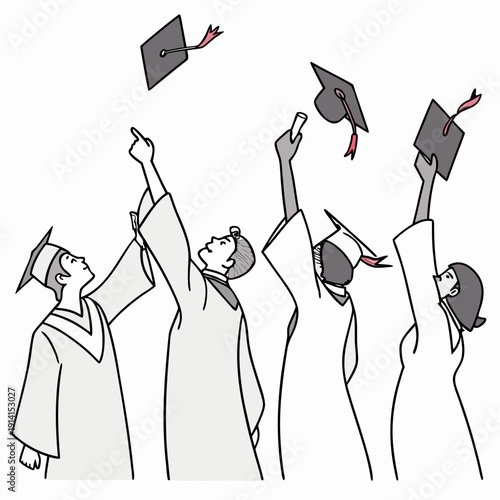 Four graduates tossing caps in air graduation gowns