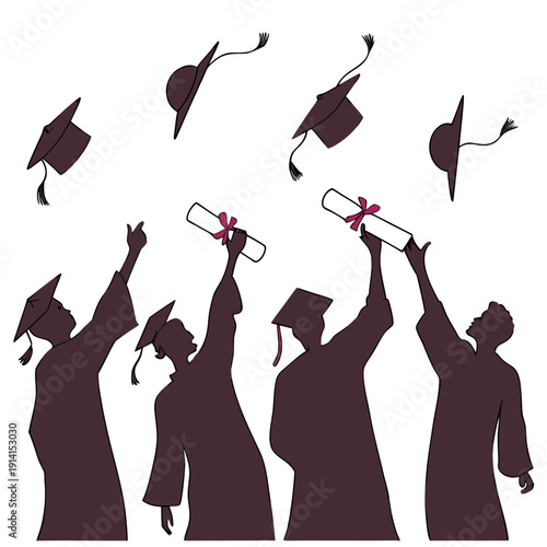 Graduation caps and diplomas tossed in air by silhouetted graduates