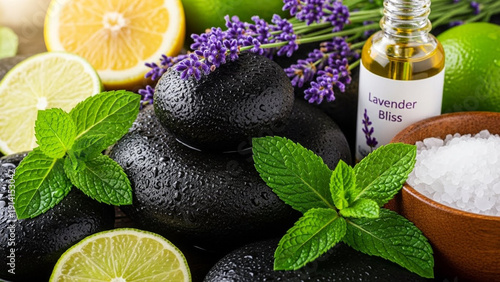 Relaxing spa scene with black stones, lavender, mint, citrus, and essential oil for wellness.