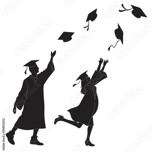 Black silhouettes of graduates throwing caps graduation