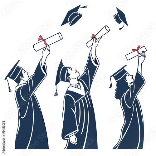 Of three graduates tossing caps and holding diplomas