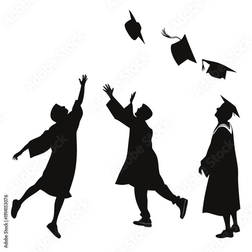 Black silhouettes of graduates throwing caps in air