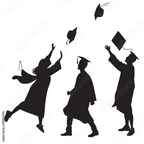 Black silhouettes of graduates throwing caps in air 1